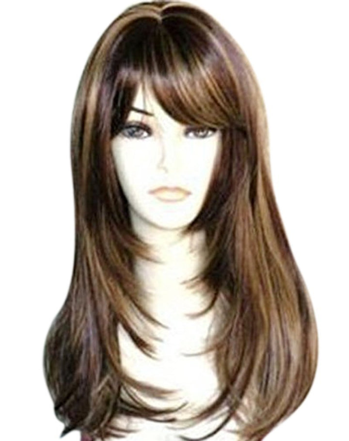 Kalyss Women's Wig Long Straight Layered with Bangs, Brown with Highlights