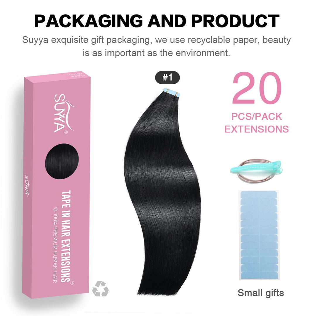 SUYYA Tape in Hair Extensions Human Hair, Jet Black, 12 inches 20 Count