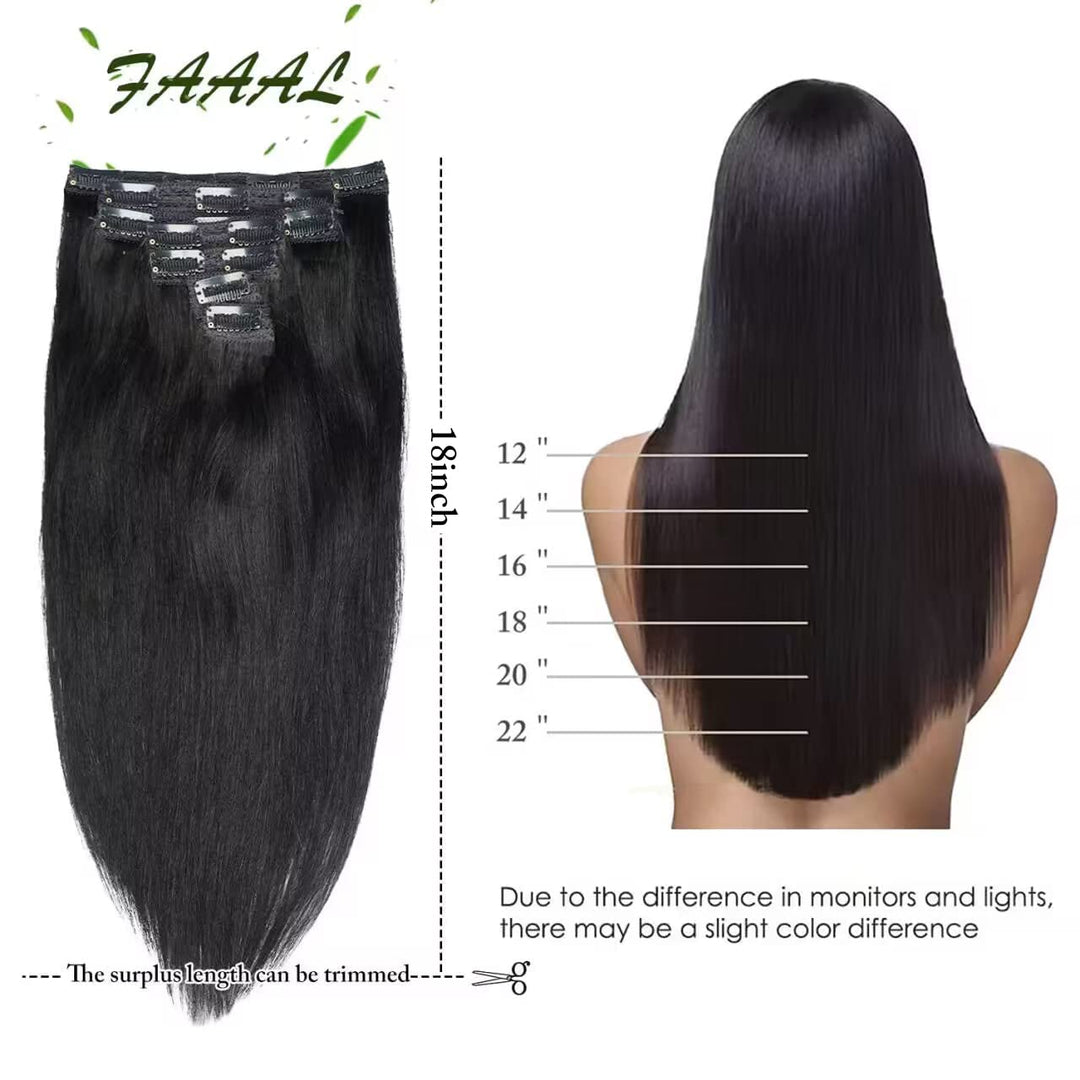 FAAAL Clip In Human Hair Extensions, Jet Black, 18 Inch 150g 7 Count