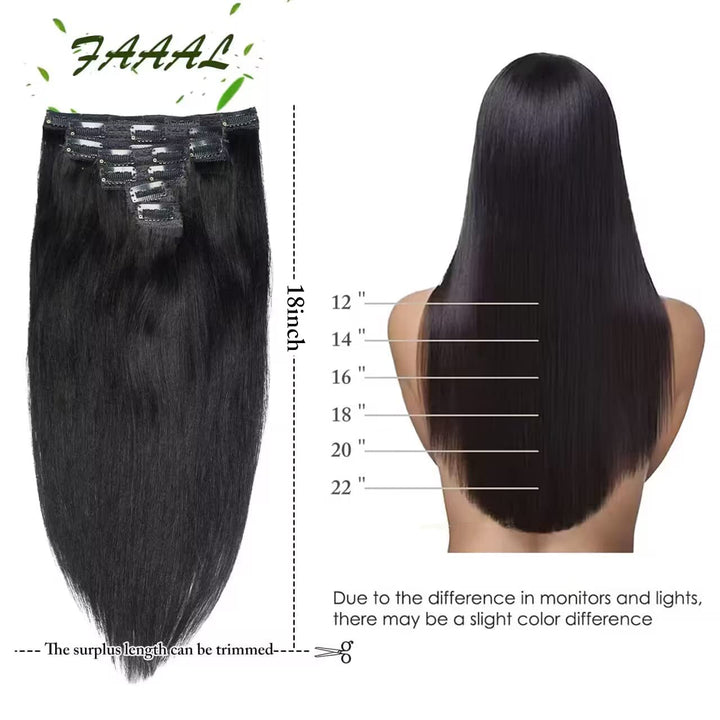 FAAAL Clip In Human Hair Extensions, Jet Black, 18 Inch 150g 7 Count