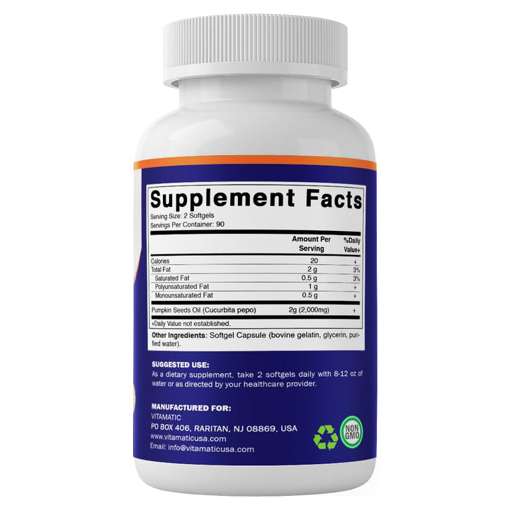Vitamatic Pumpkin Seed Oil Softgels, 2000 mg, 180 Count