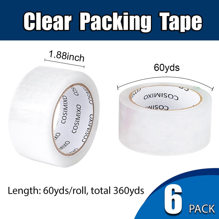 COSIMIXO Heavy Duty Packing Tape, Clear, 2.7 mil, 1.88 in x 60 yd, 6 Count, Pack of 6