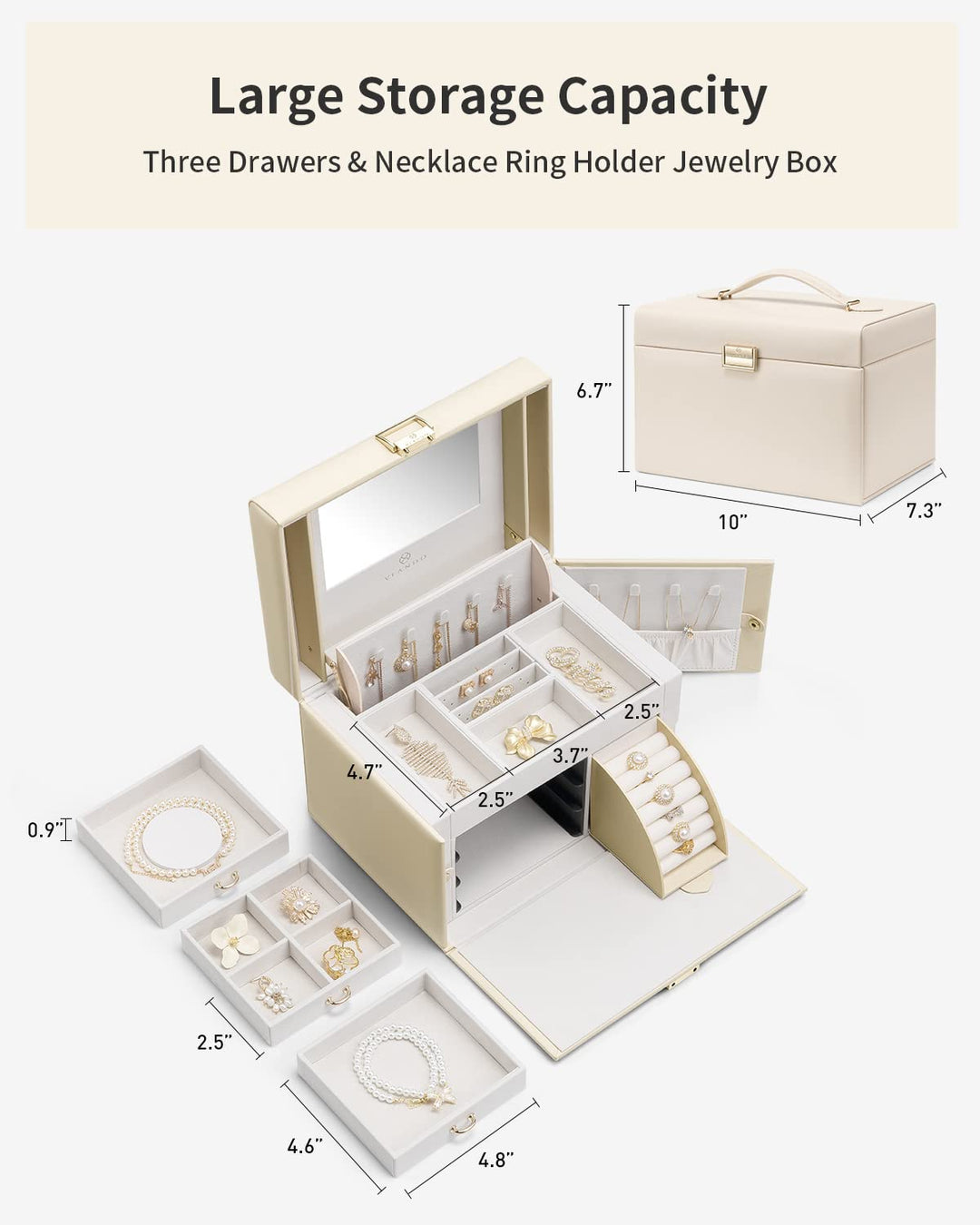 VLANDO Jewelry Box With Mirror, Apricot White