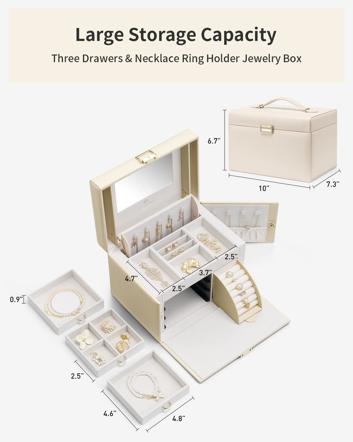 VLANDO Jewelry Box With Mirror, Apricot White