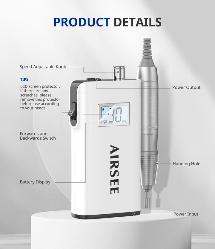 AIRSEE Electric Nail Drill Kit, Rechargeable, 30000 RPM