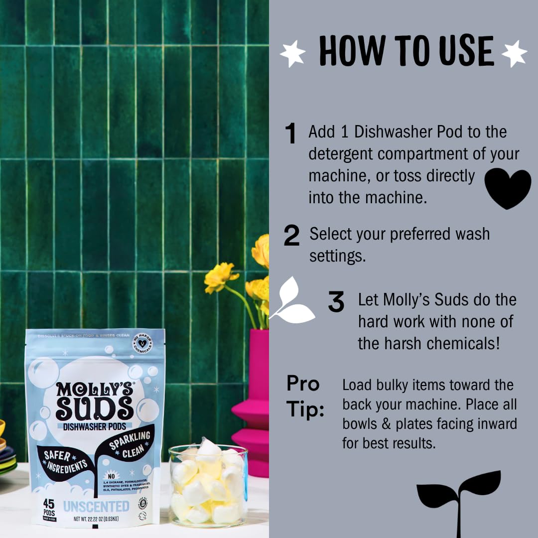 Molly's Suds Dishwasher Pods, Unscented, 60 Count