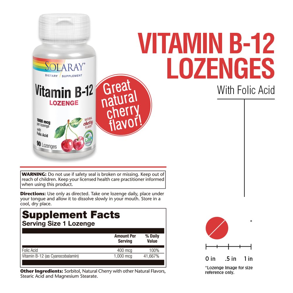 SOLARAY Vitamin B12 Plus Folic Acid, Cherry, 1000 mcg, 90 Count