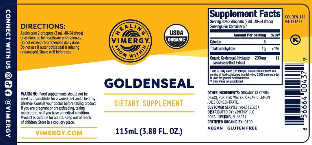 Vimergy Goldenseal Extract, Alcohol-Free, 2 Mo Supply