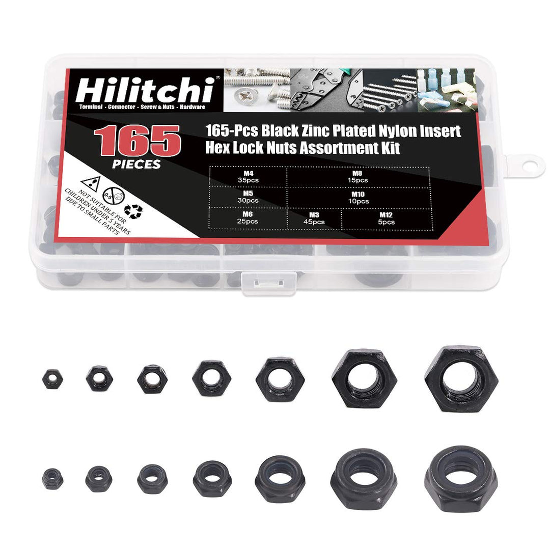 Hilitchi Hex Lock Nuts With Nylon Insert, Black Zinc Plated, 165 Count