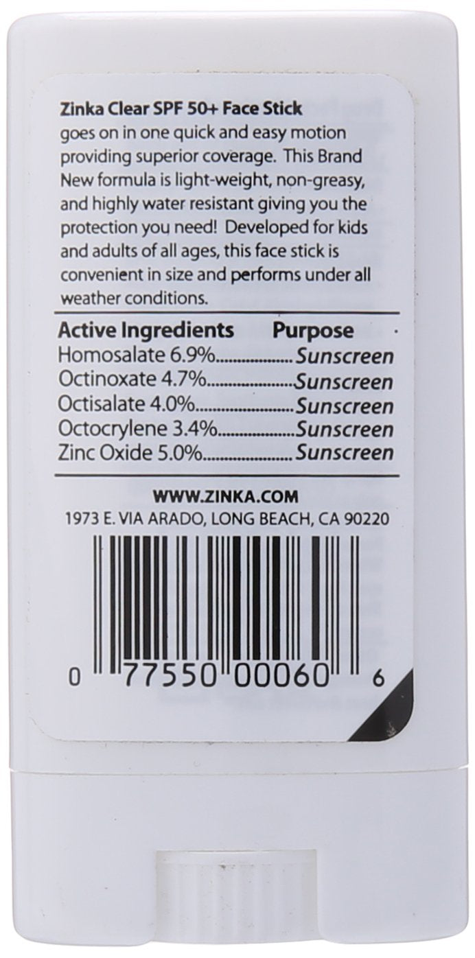 Zinka Clear Zinc Oxide Face Stick SPF 50+, Water Resistant