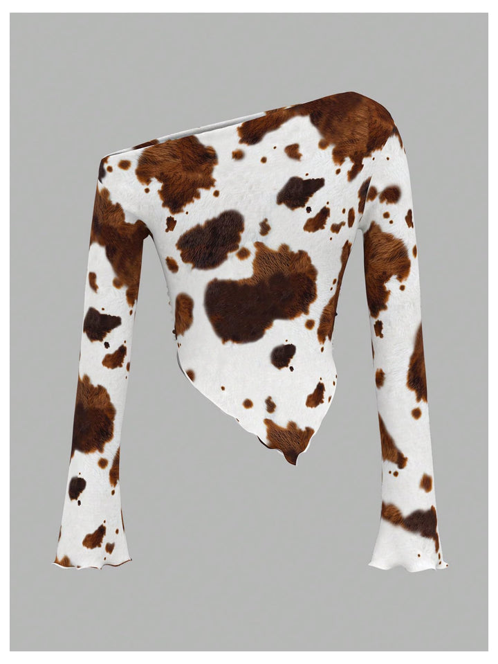WDIRARA Cow Print One Shoulder Crop Top, Multicolor, XL