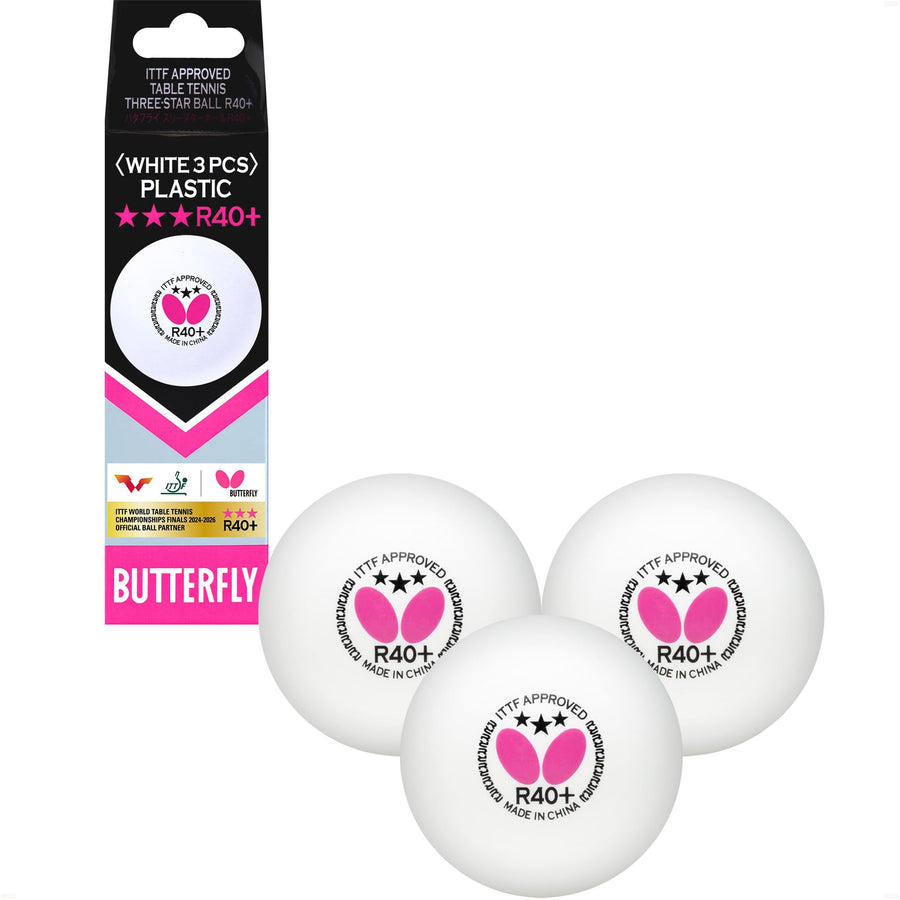 Butterfly R40+ Table Tennis Balls, White, 40mm, Pack of 3
