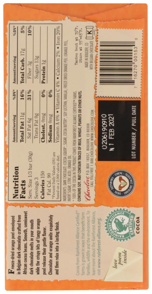 Chocolove Dark Chocolate Bar, Orange Peel