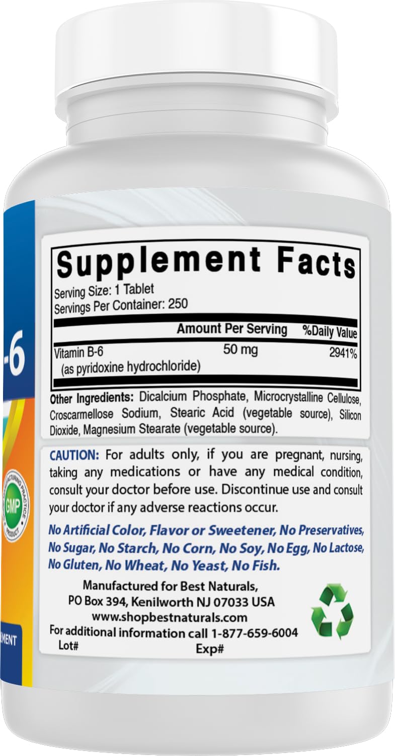 Best Naturals Vitamin B6 Tablets, 50 mg, 250 Count