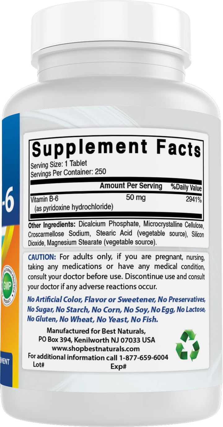 Best Naturals Vitamin B6 Tablets, 50 mg, 250 Count