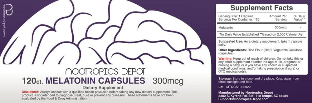 Nootropics Depot Melatonin Capsules, 300 mcg, 120 Count