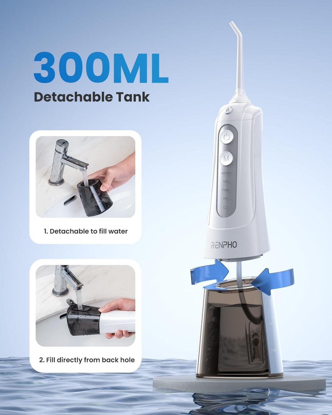 RENPHO Oral Irrigator, Cordless Water Flosser, 300 ml