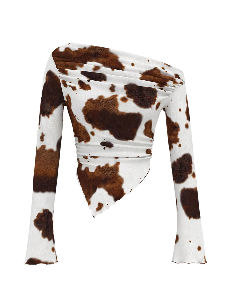 WDIRARA Cow Print One Shoulder Crop Top, Multicolor, XL