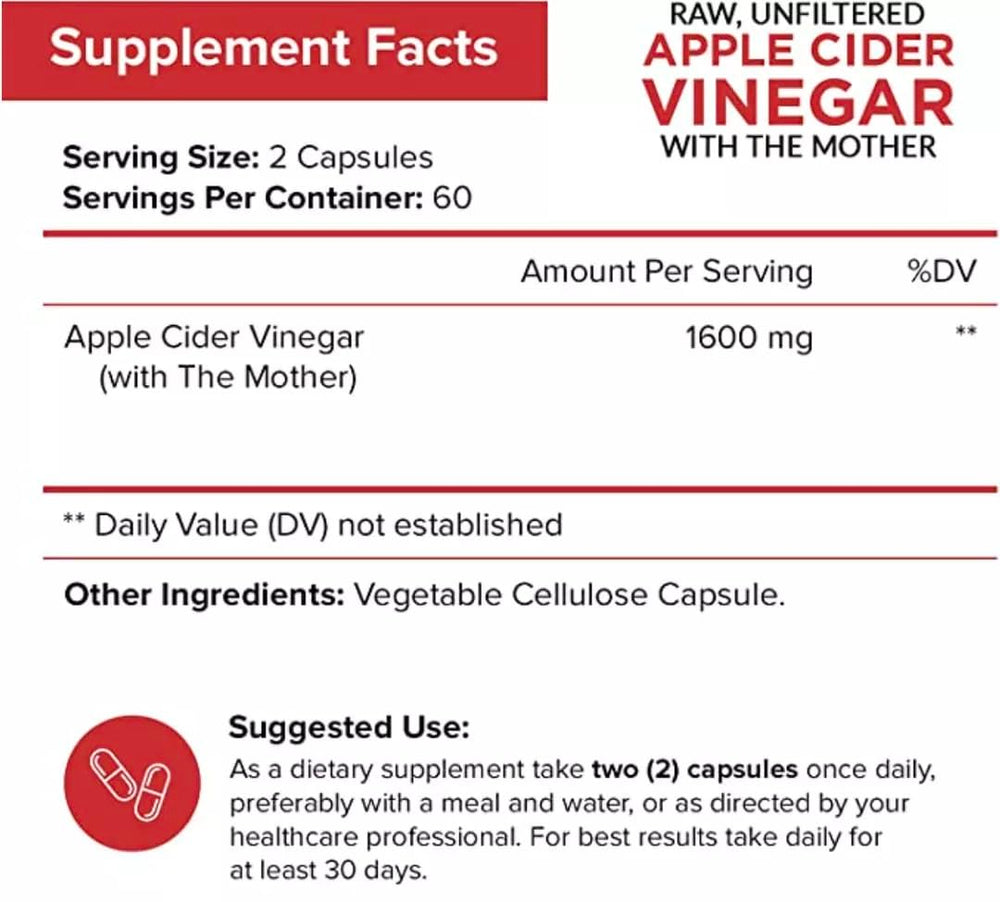 NutriFlair Apple Cider Vinegar Capsules With Mother, 1600 mg, 120 Count