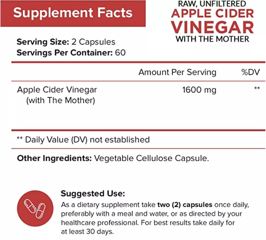 NutriFlair Apple Cider Vinegar Capsules With Mother, 1600 mg, 120 Count