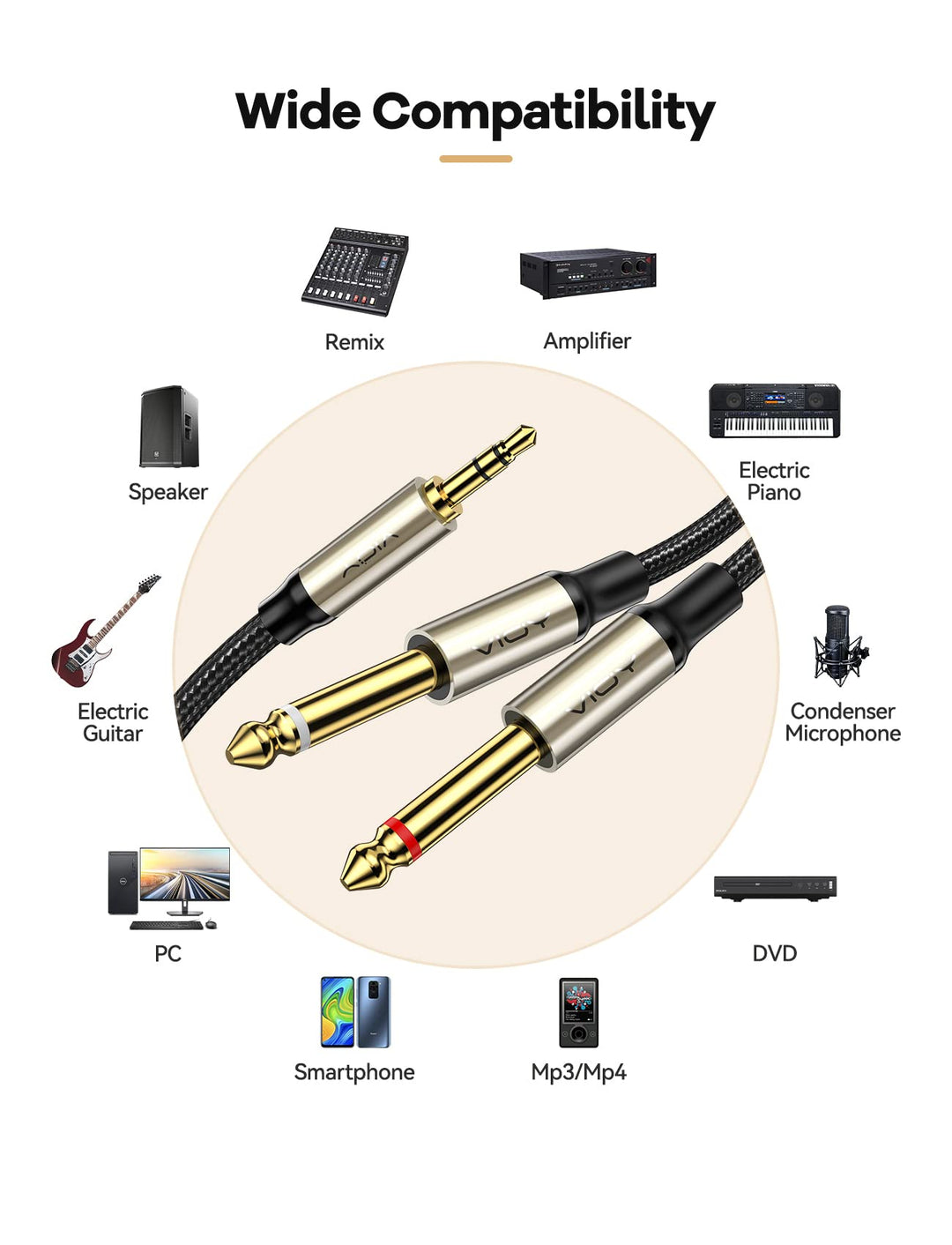VIOY 3.5mm to 6.35mm Mix Audio Cable, 2 m