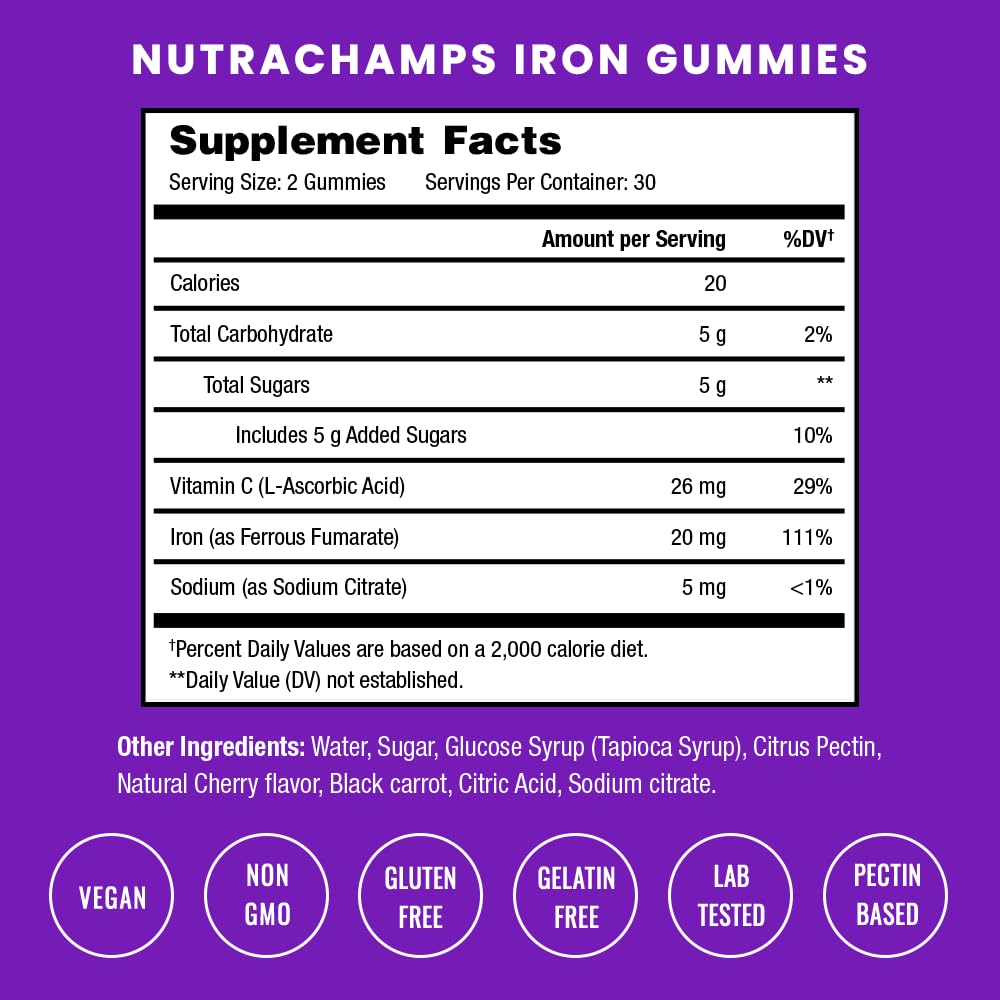NutraChamps Iron Gummies, 20 mg, 60 Count