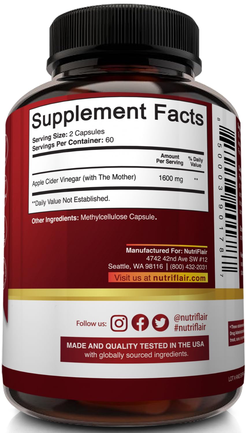 NutriFlair Apple Cider Vinegar Capsules With Mother, 1600 mg, 120 Count