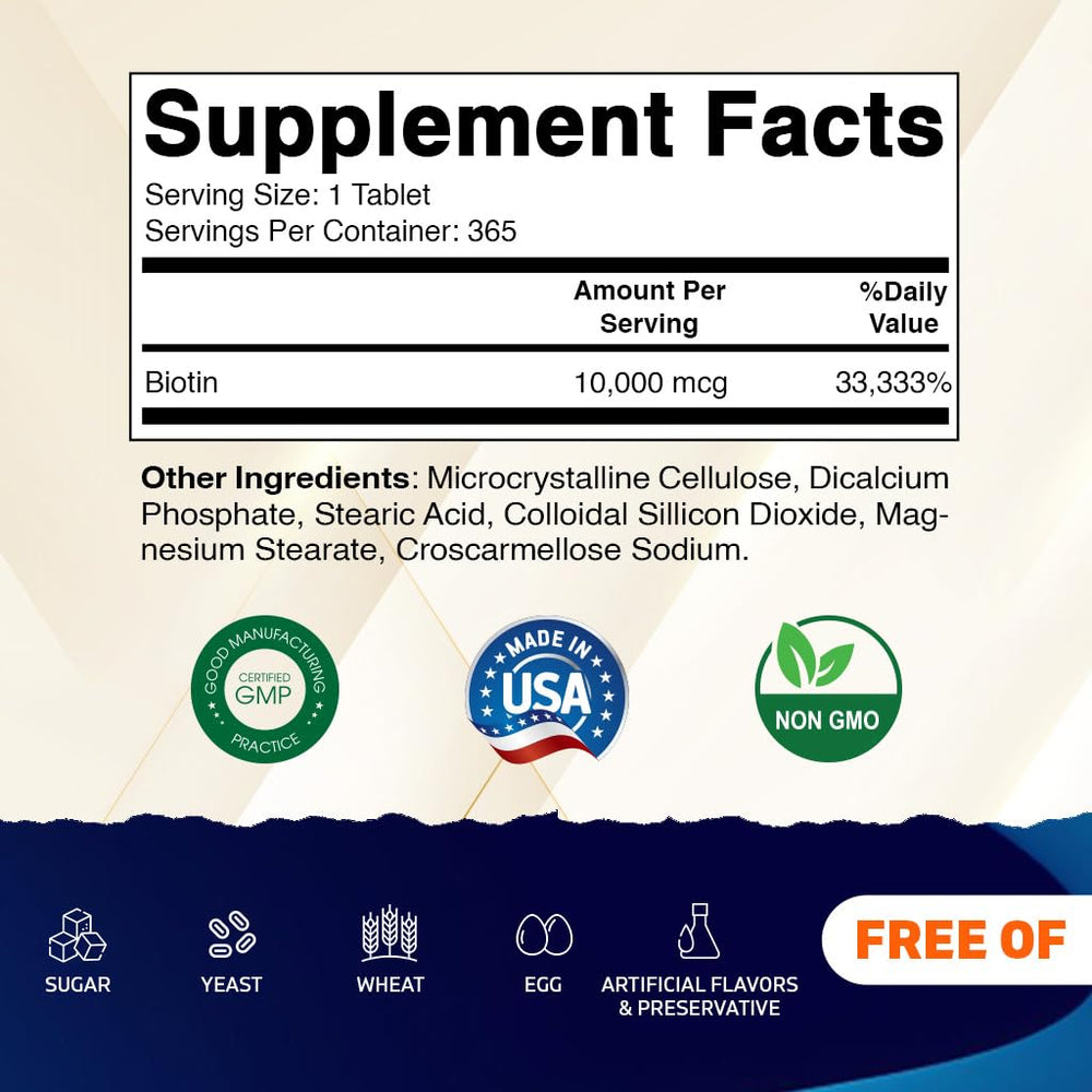 Vitamatic Biotin Vitamin B7 Tablets, 10000 mcg, 365 Count
