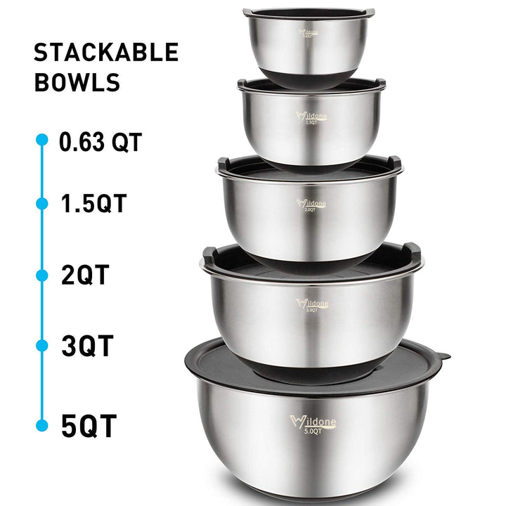 Wildone Mixing Bowls, Set of 5, 5 qt, 3 qt, 2 qt, 1.5 qt, 0.63 qt