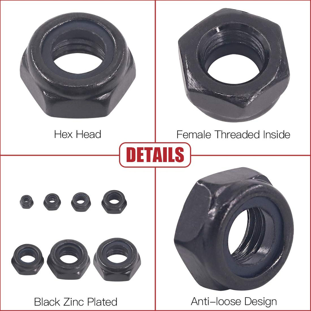 Hilitchi Hex Lock Nuts With Nylon Insert, Black Zinc Plated, 165 Count