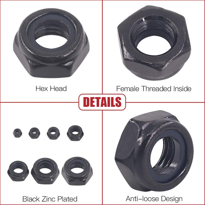 Hilitchi Hex Lock Nuts With Nylon Insert, Black Zinc Plated, 165 Count