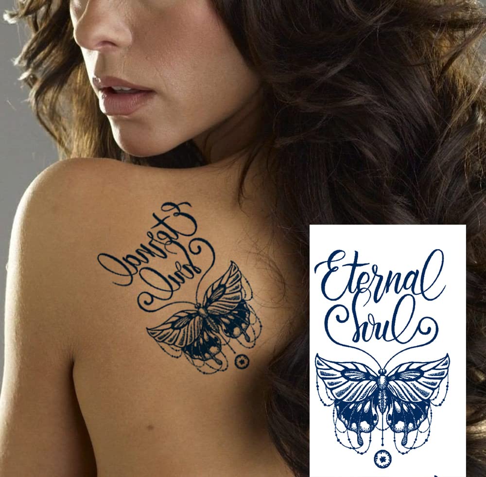 PADOUN Butterfly Feather Semi Permanent Tattoo, Chinese English Letter, 6 Count