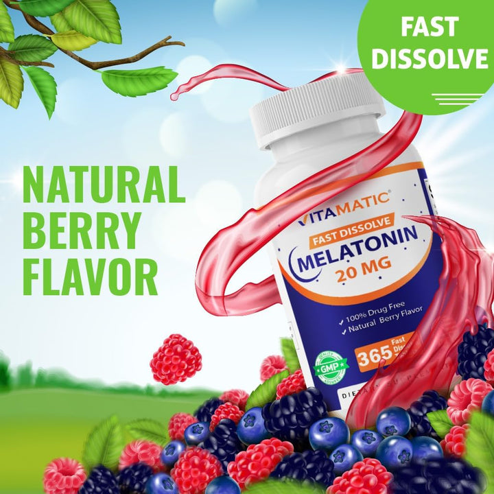Vitamatic Melatonin Tablets, Natural Berry Flavor, 20 mg, 365 Count