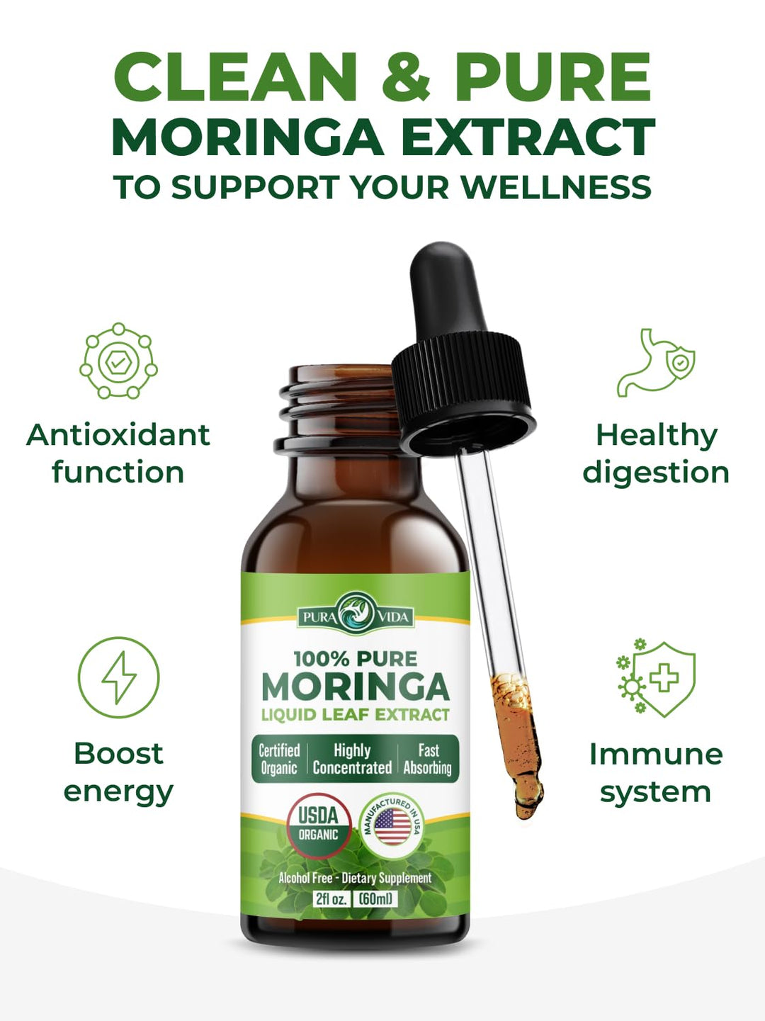 PURA VIDA MORINGA Moringa Oleifera Leaf Extract Drops, 2 oz