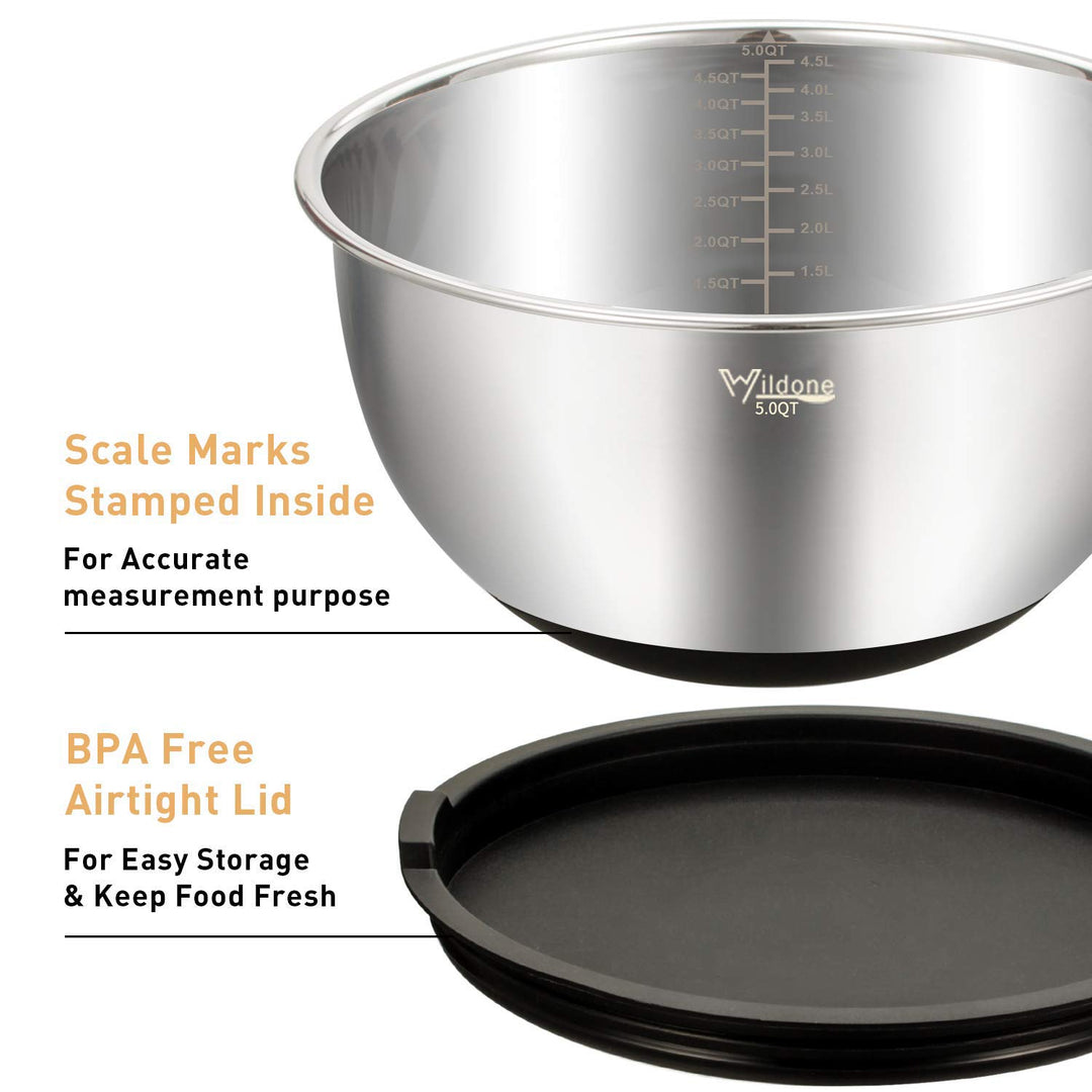 Wildone Mixing Bowls, Set of 5, 5 qt, 3 qt, 2 qt, 1.5 qt, 0.63 qt