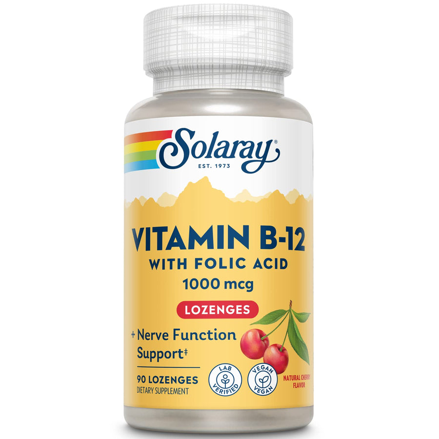 SOLARAY Vitamin B12 Plus Folic Acid, Cherry, 1000 mcg, 90 Count
