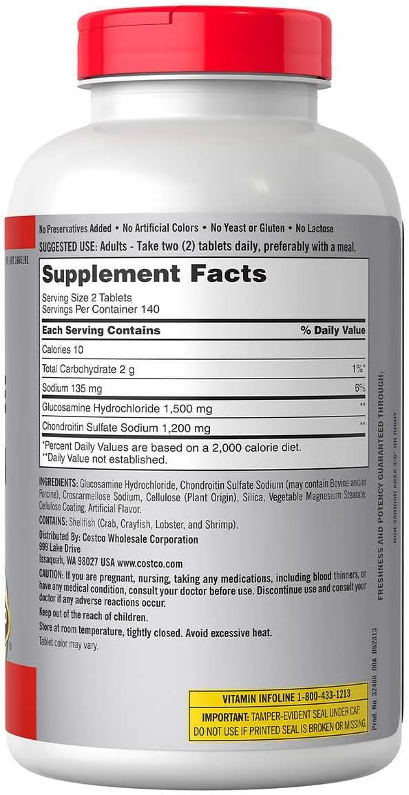 Costco Kirkland Signature Glucosamine HCI and Chondroitin Sulfate, 1500 mg, 1200 mg, 280 Count