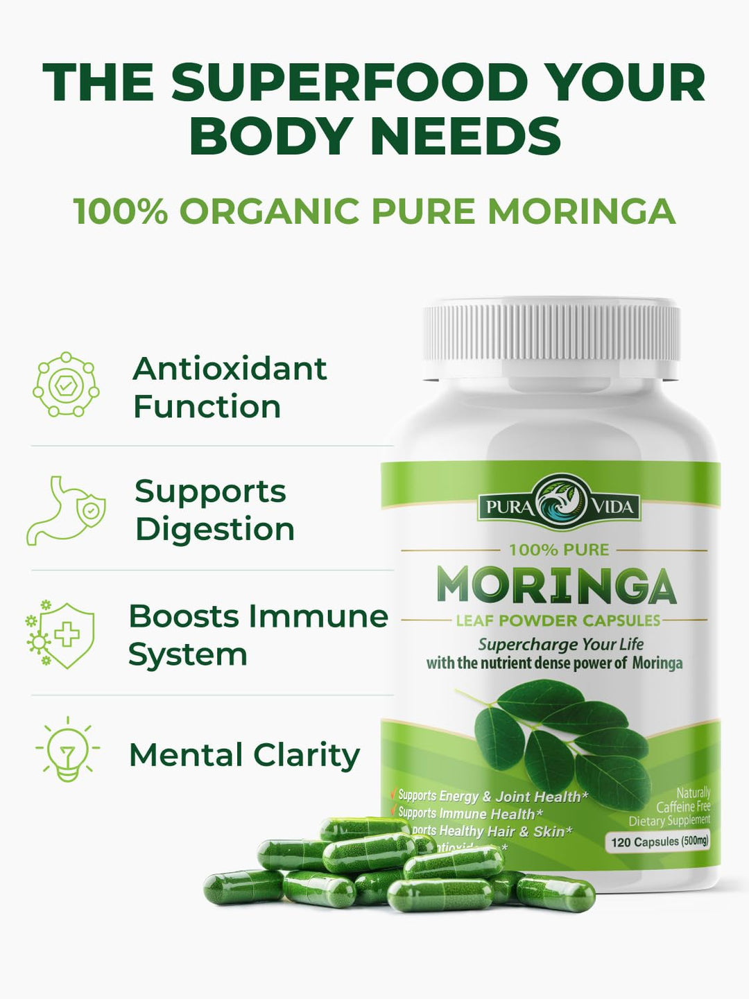 PURA VIDA MORINGA Moringa Capsules, 500 mg, 120 Count