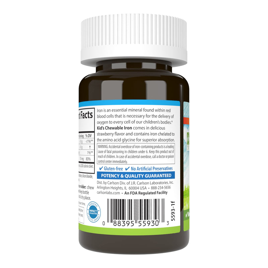 Carlson Kid's Chewable Iron, Natural Strawberry, 15 mg, 30 Count