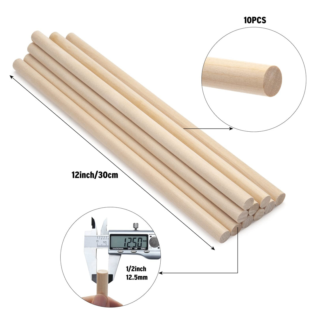 Coowayze Wooden Dowel Rods And Sticks, 1/2 x 12, 10 Count