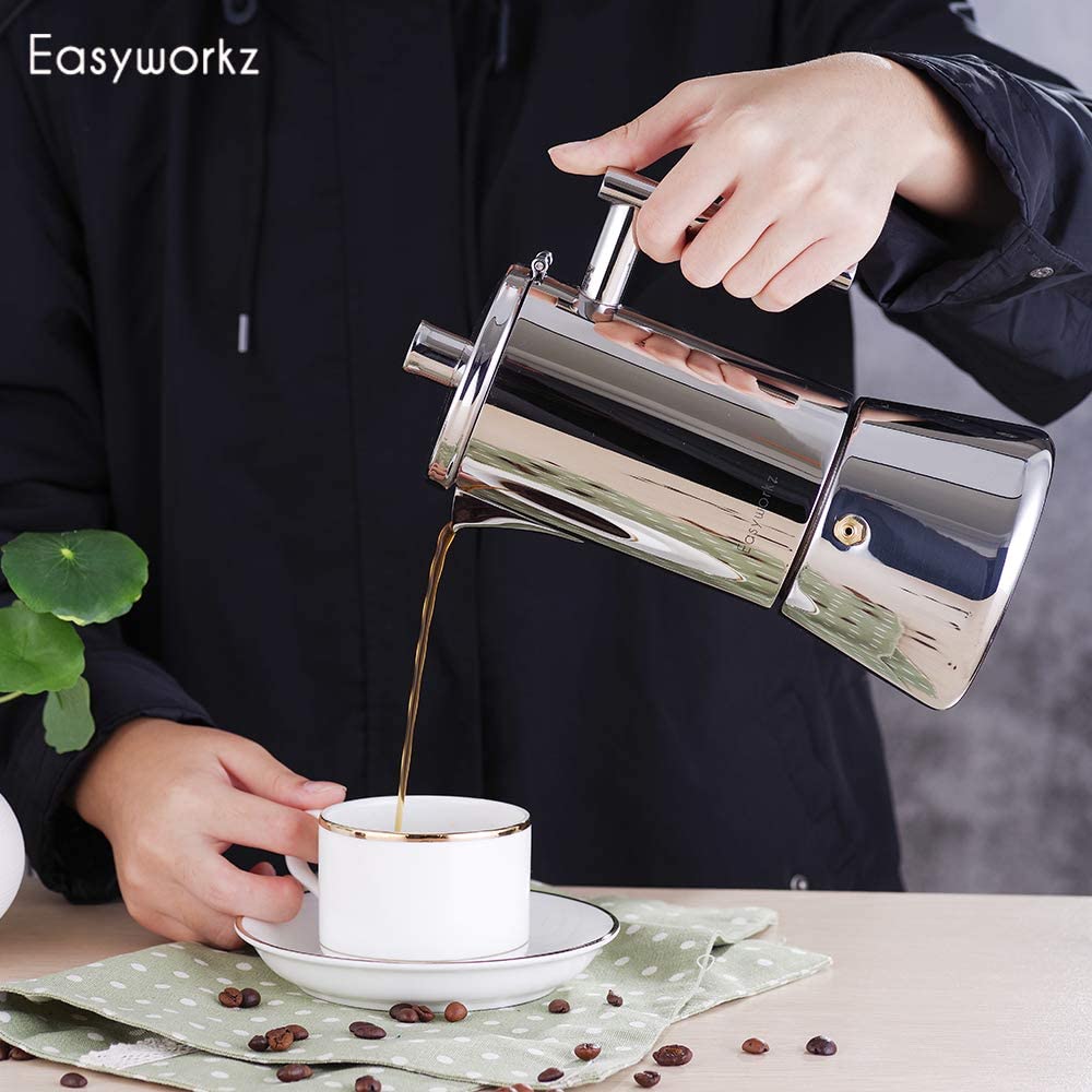 Easyworkz Diego Stovetop Espresso Maker, Stainless Steel, 4 Cup, 6.8 oz