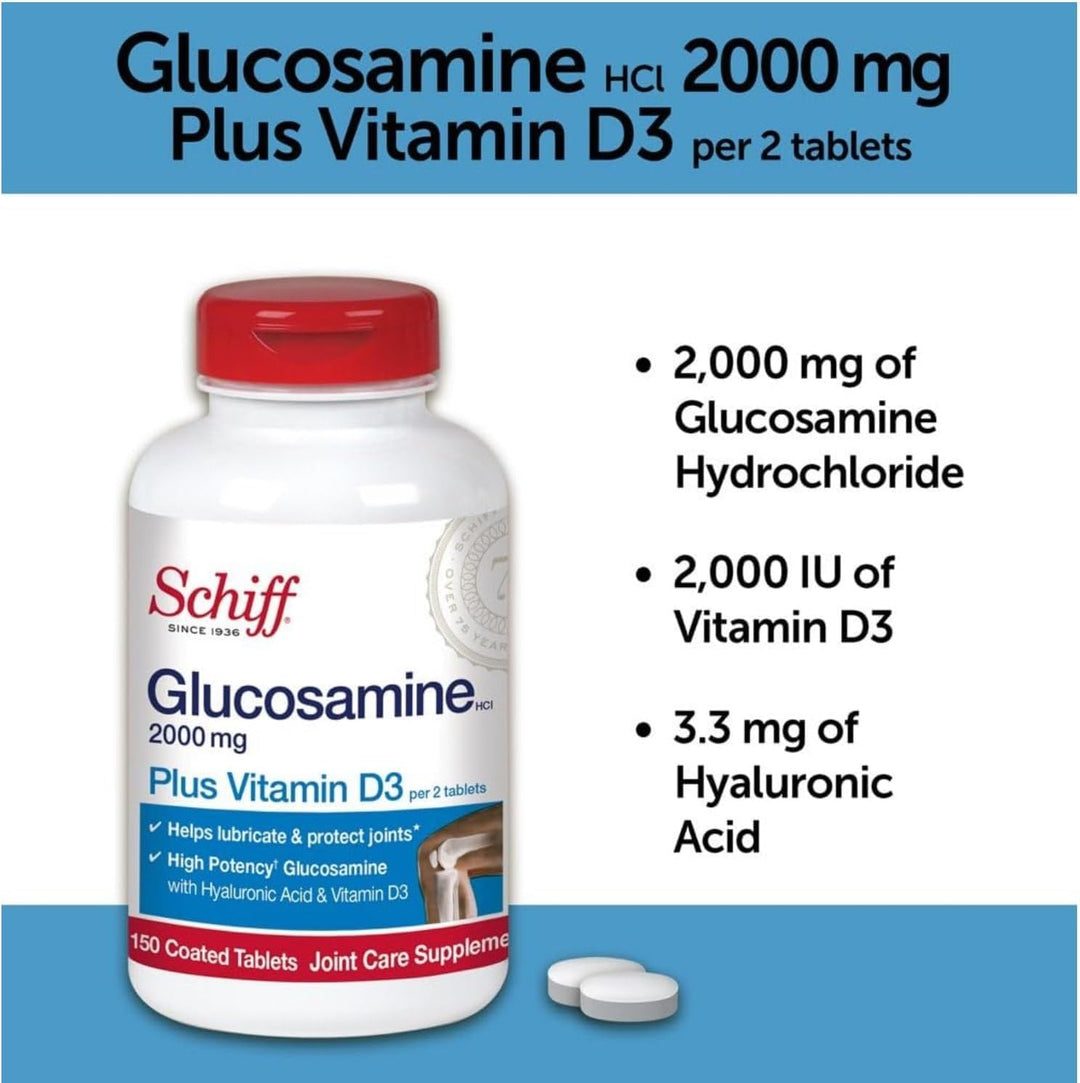 Schiff Glucosamine 2000mg with Vitamin D3 and Hyaluronic Acid, 150 Count