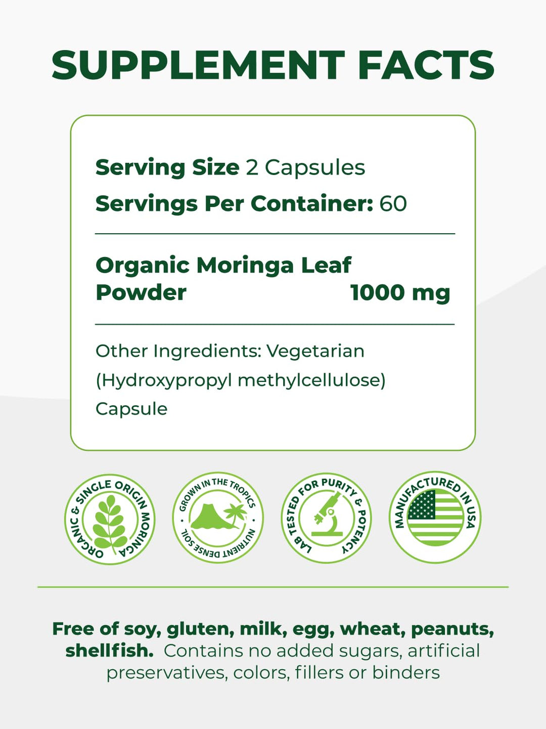 PURA VIDA MORINGA Moringa Capsules, 500 mg, 120 Count