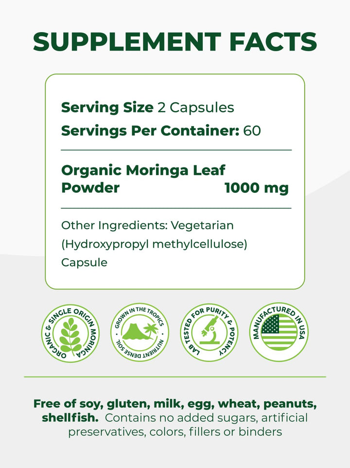 PURA VIDA MORINGA Moringa Capsules, 500 mg, 120 Count
