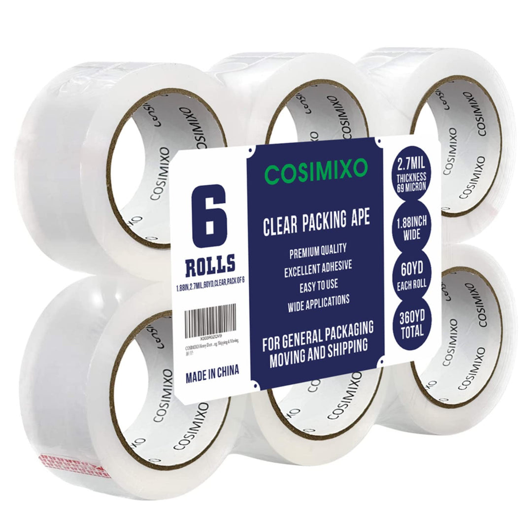 COSIMIXO Heavy Duty Packing Tape, Clear, 2.7 mil, 1.88 in x 60 yd, 6 Count, Pack of 6
