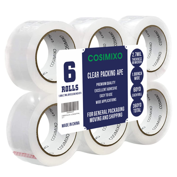 COSIMIXO Heavy Duty Packing Tape, Clear, 2.7 mil, 1.88 in x 60 yd, 6 Count, Pack of 6