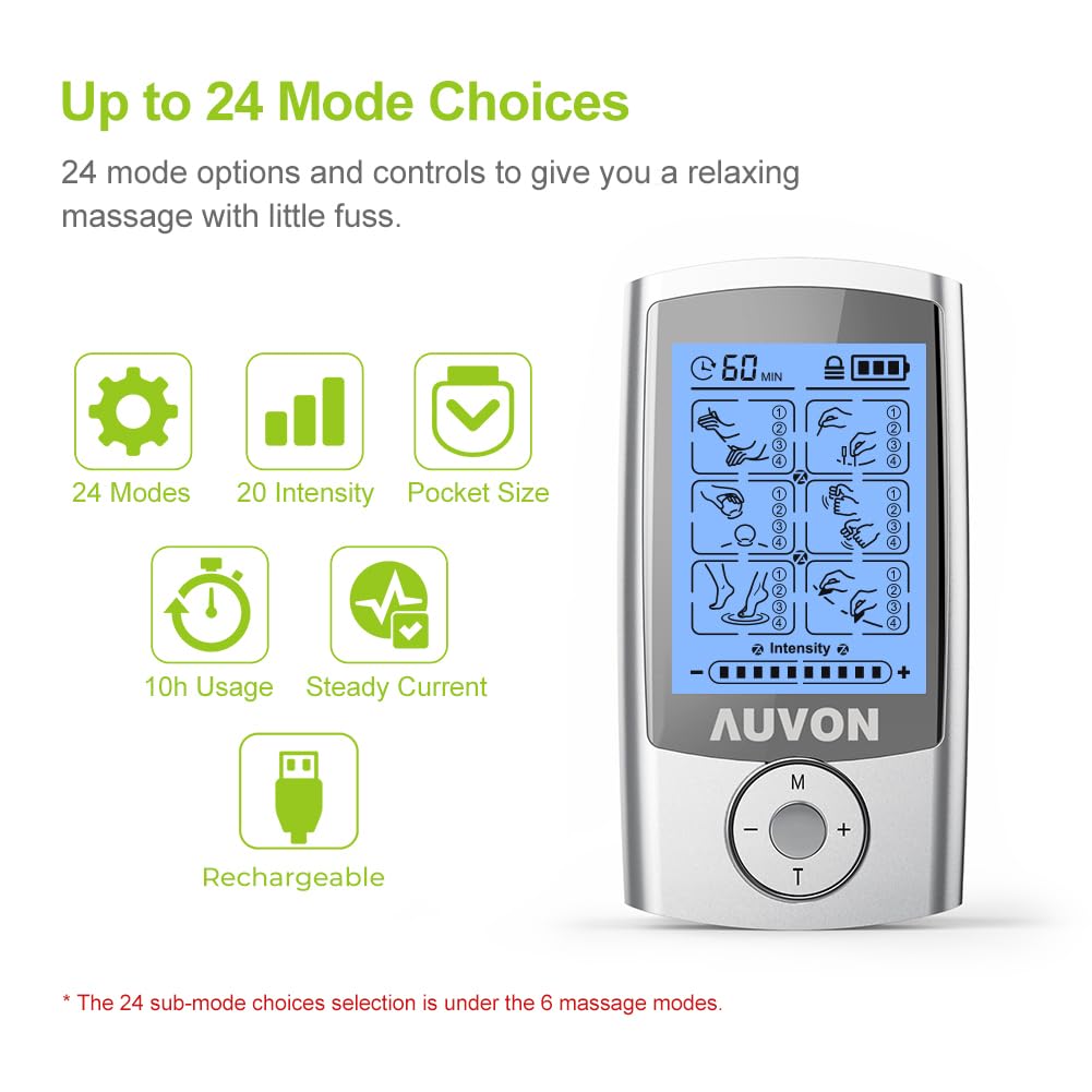 AUVON Rechargeable TENS Unit Muscle Stimulator, 24 Modes, 8 Count