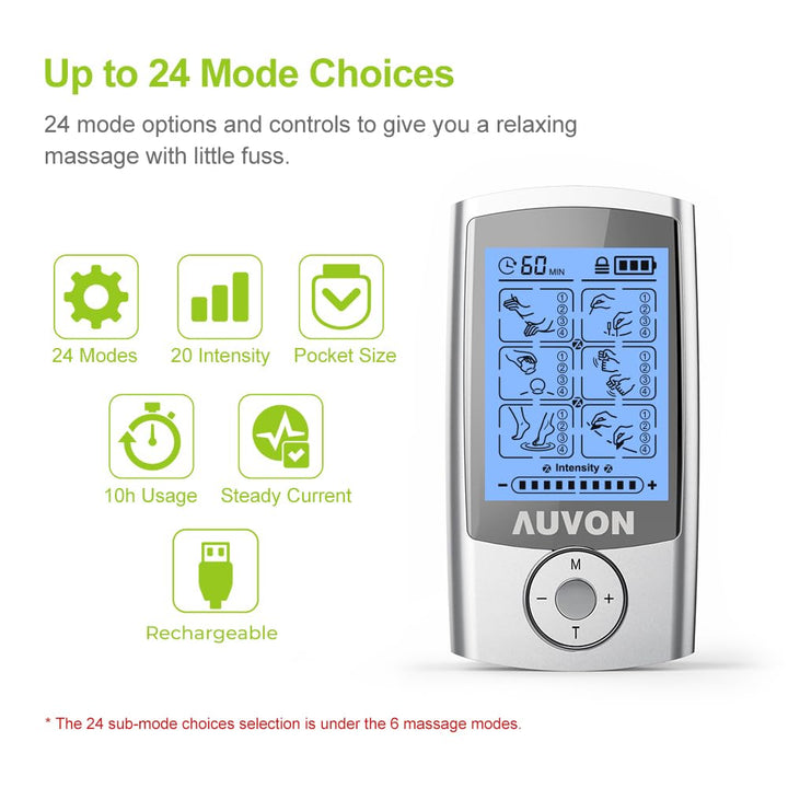 AUVON Rechargeable TENS Unit Muscle Stimulator, 24 Modes, 8 Count