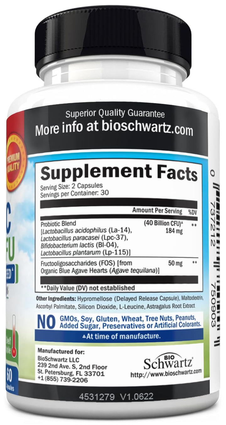 BioSchwartz Probiotic 40 Billion CFU With Organic Prebiotics, 60 Count