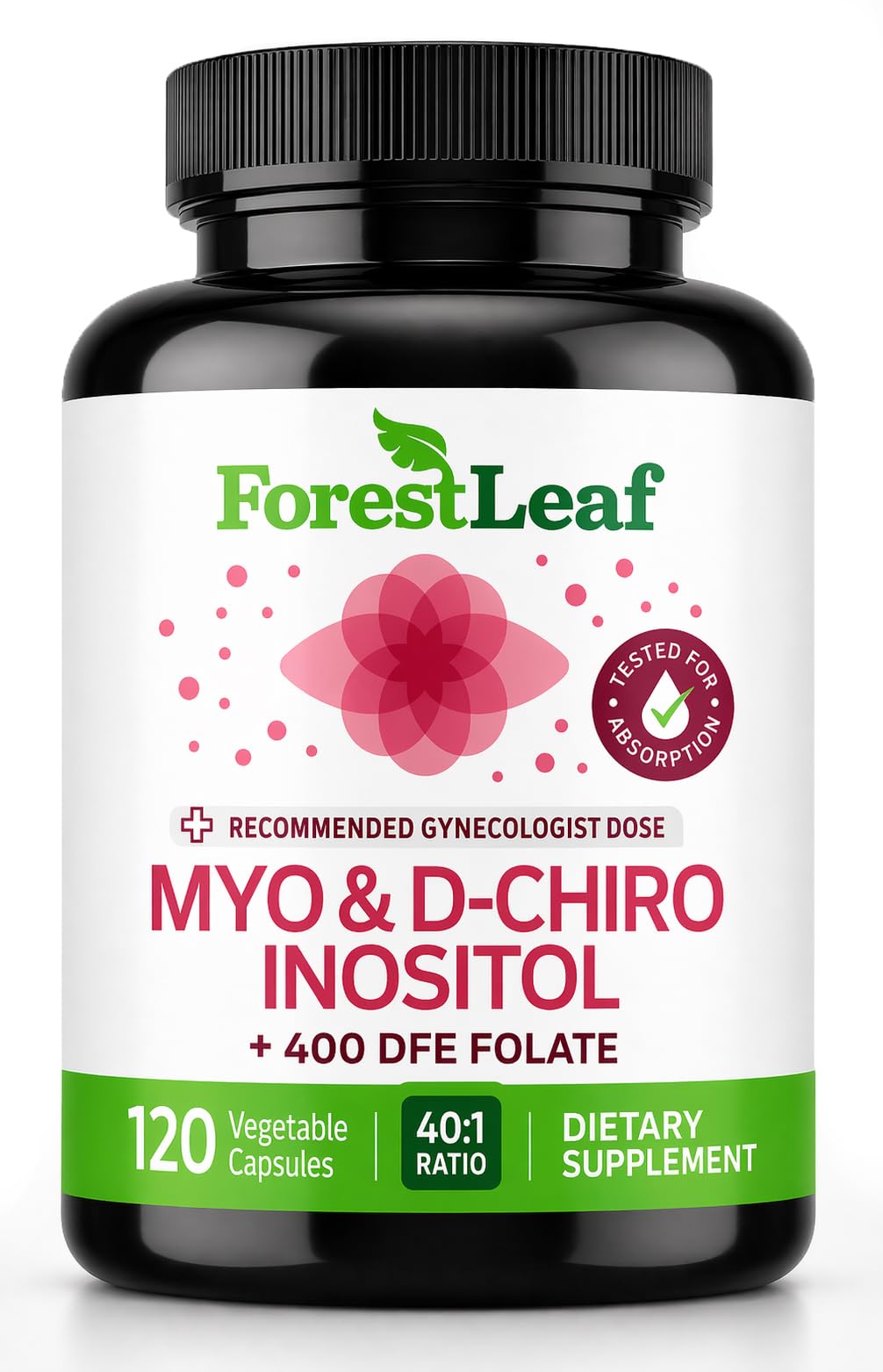 ForestLeaf Myo and D-Chiro Inositol Supplement Blend with Folate, 120 Count